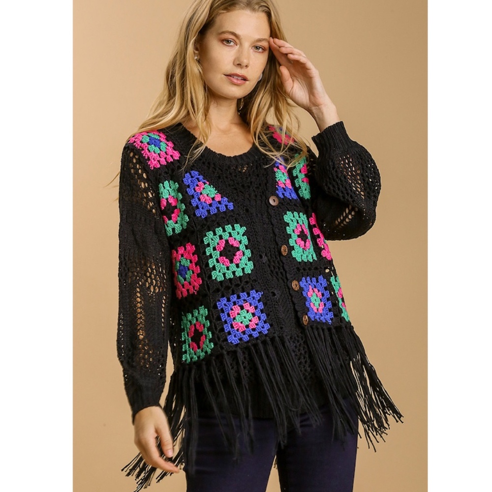 Umgee Black Crochet Vest with Multicolor Squares